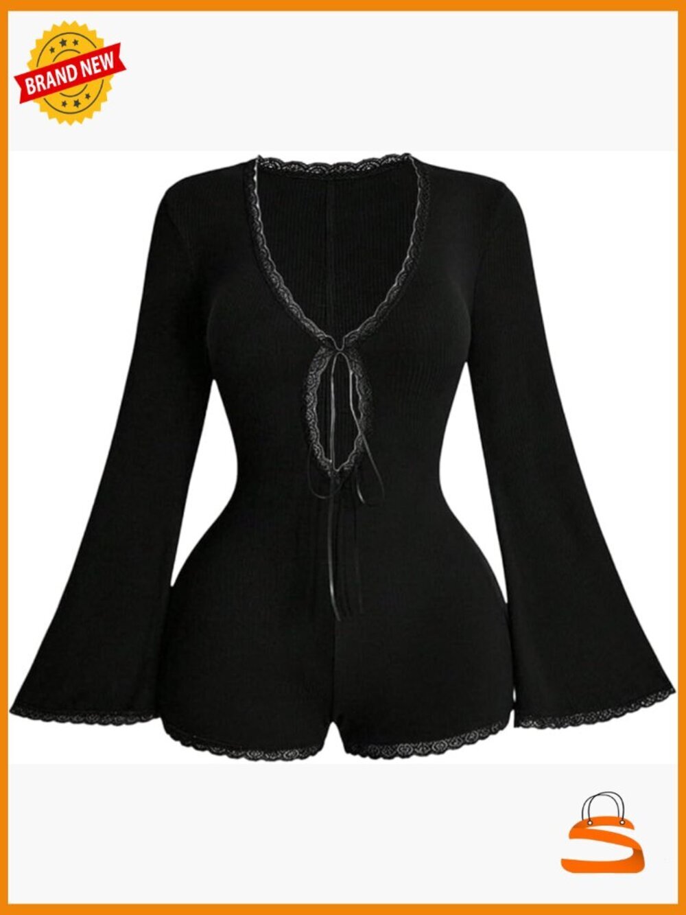 Plus Size Lace Bell Sleeve Romper Y2k Cut Out Deep V Neck Bodycon Rave Club